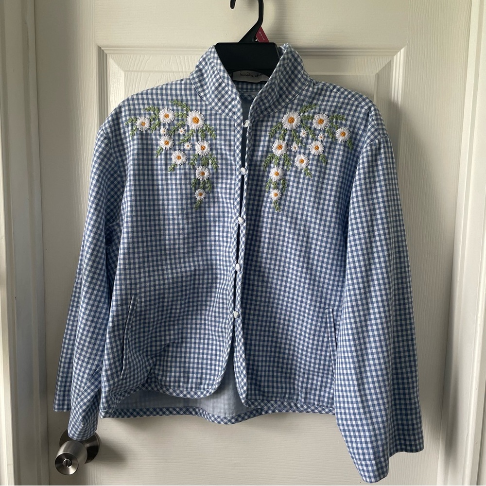 Blue Gingham Utility Jacket with Floral Embroidery